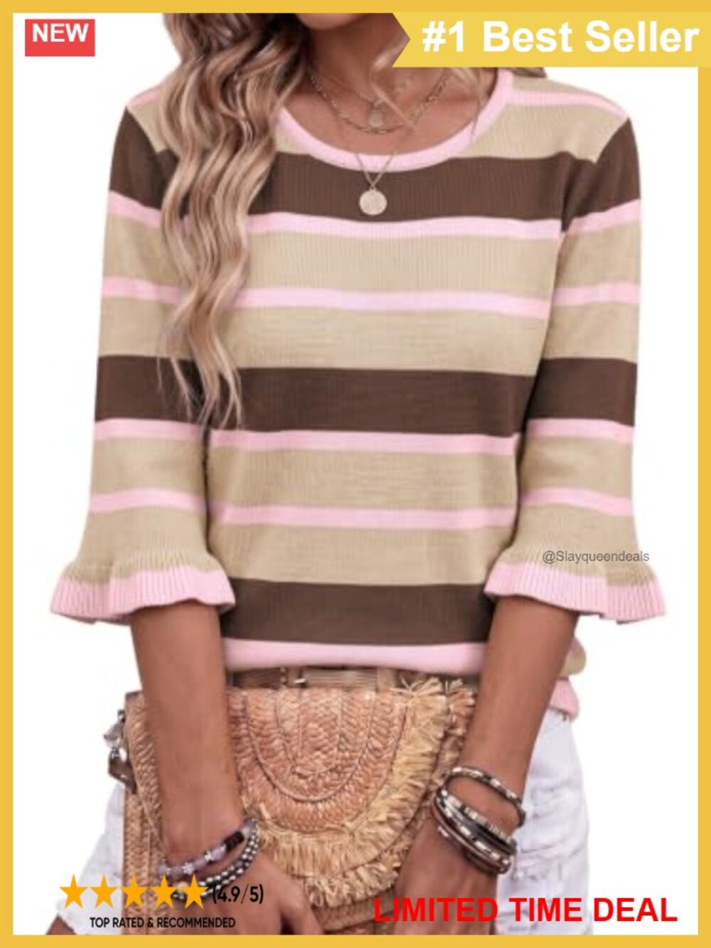 Womens 3/4 Sleeve Striped Crewneck Knit Pullover Sweater Loose Fit Fall